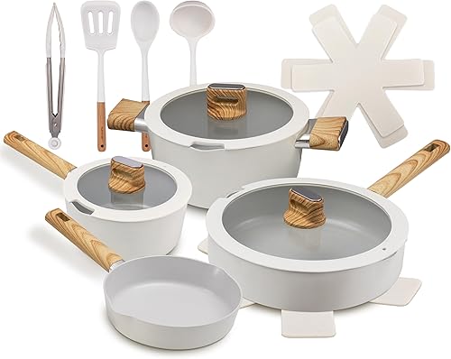 NutriChef Juego de utensilios de cocina de cerámica antiadherente de 14 piezas, ollas y sartenes seguras para inducción con tapas de vidrio, asas de disponible en Yaxa Guatemala