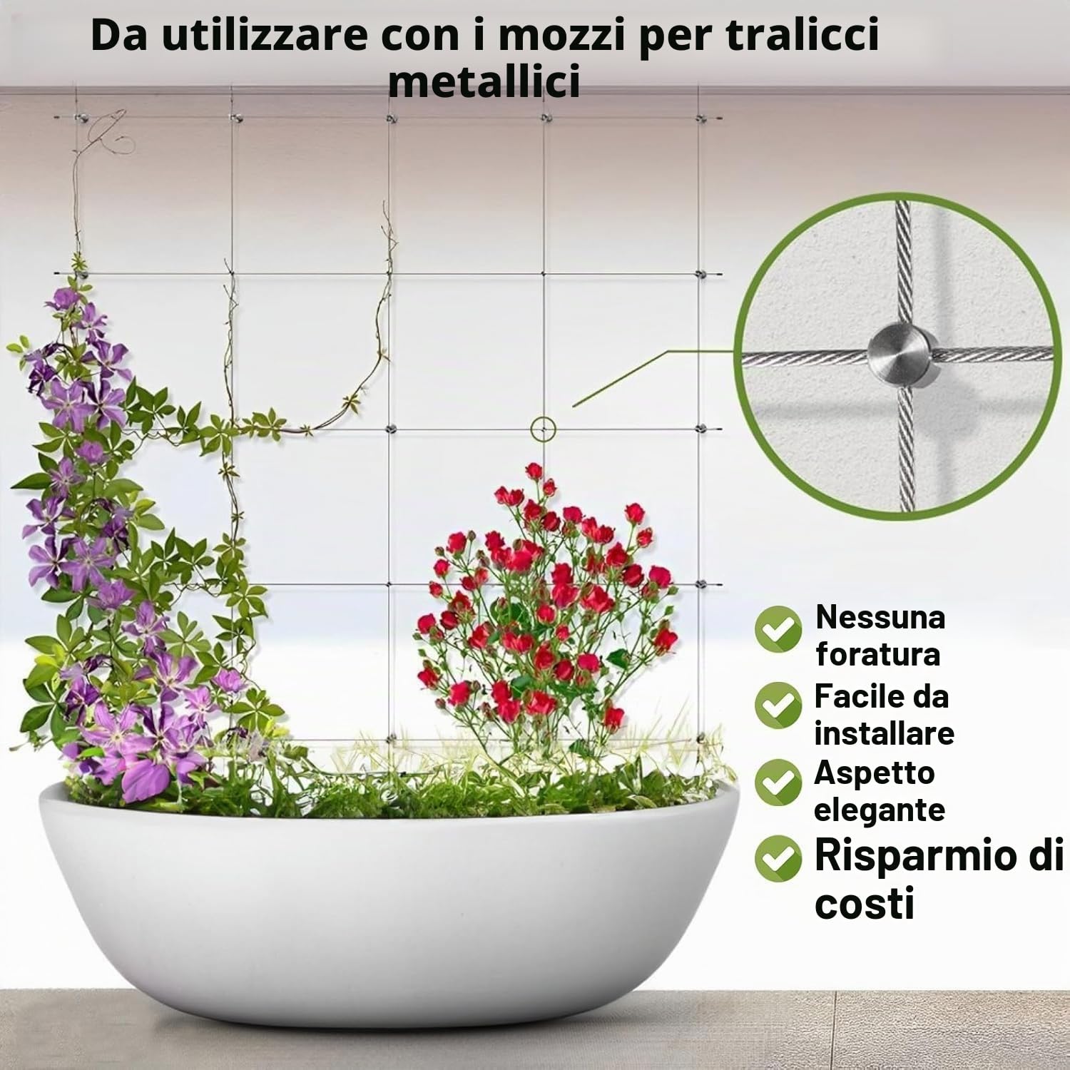 Supporto per Piante Rampicanti in Acciaio Inox,Sistema Professionale Completo,Corda da Parete per Piante in Durevole(16 Supporti, 24m Corda)