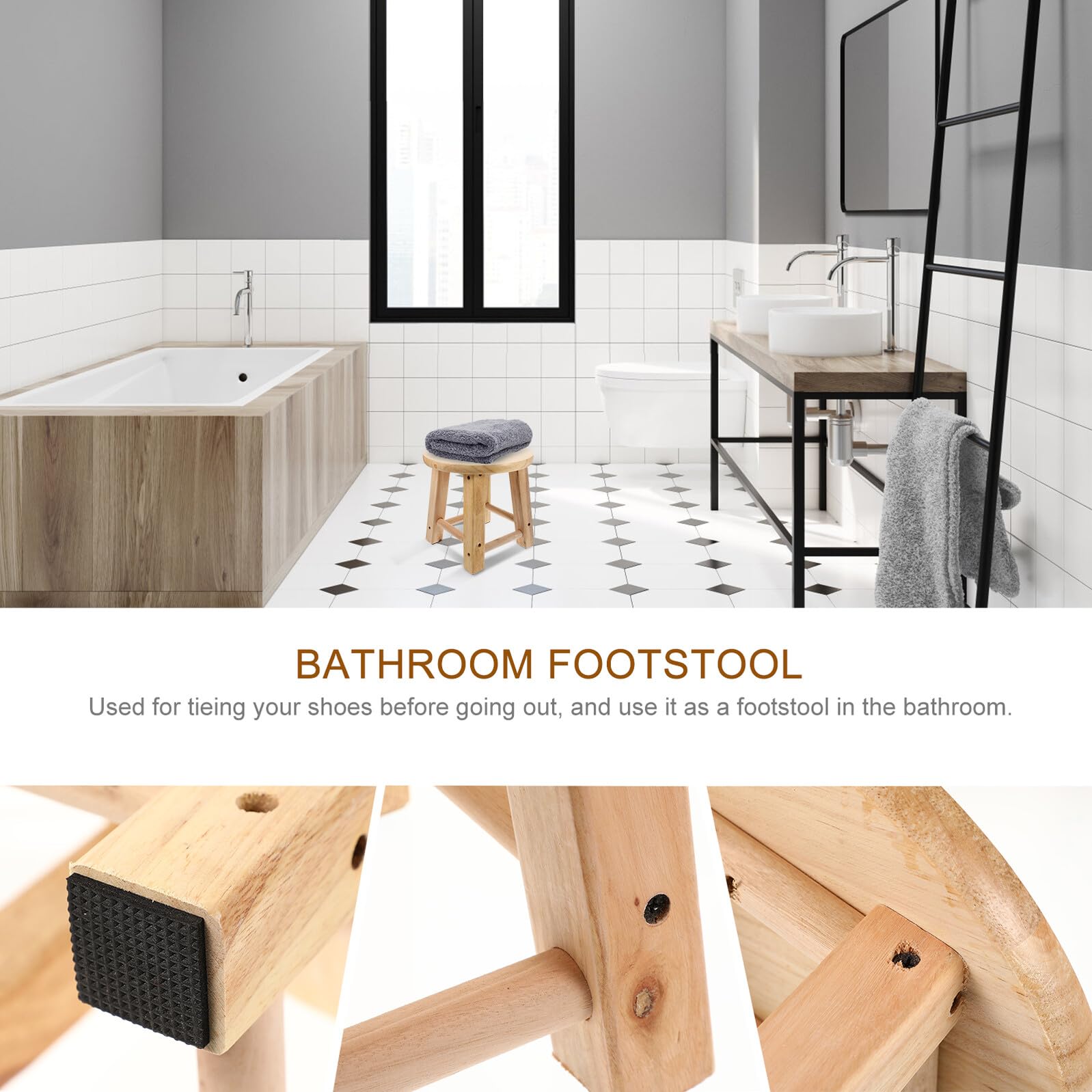 Mini taburete redondo de madera – Asiento de baño antideslizante creativo ligero y estable diseño de cuatro patas para cambiar zapatos y uso doméstico - Práctico y elegante