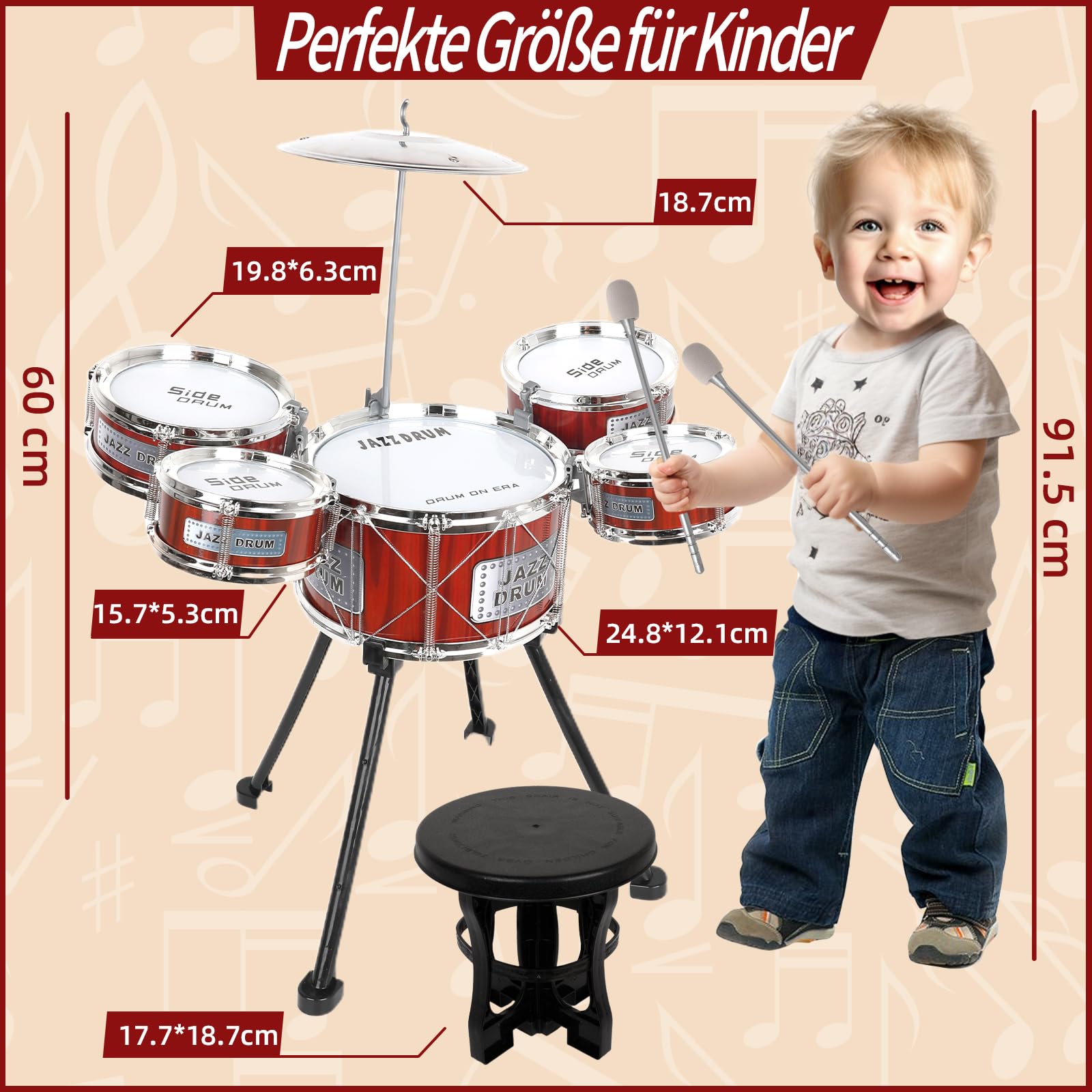 Batterie pour Enfants,Batterie Enfant Musique Instrument Jouets 3 4 5 6 Ans | Toddler Battery 5 Tambours avec Tabouret, Batterie Bebe Instrument de Musique éDucation PréCoce Jouets pour Garçons Filles