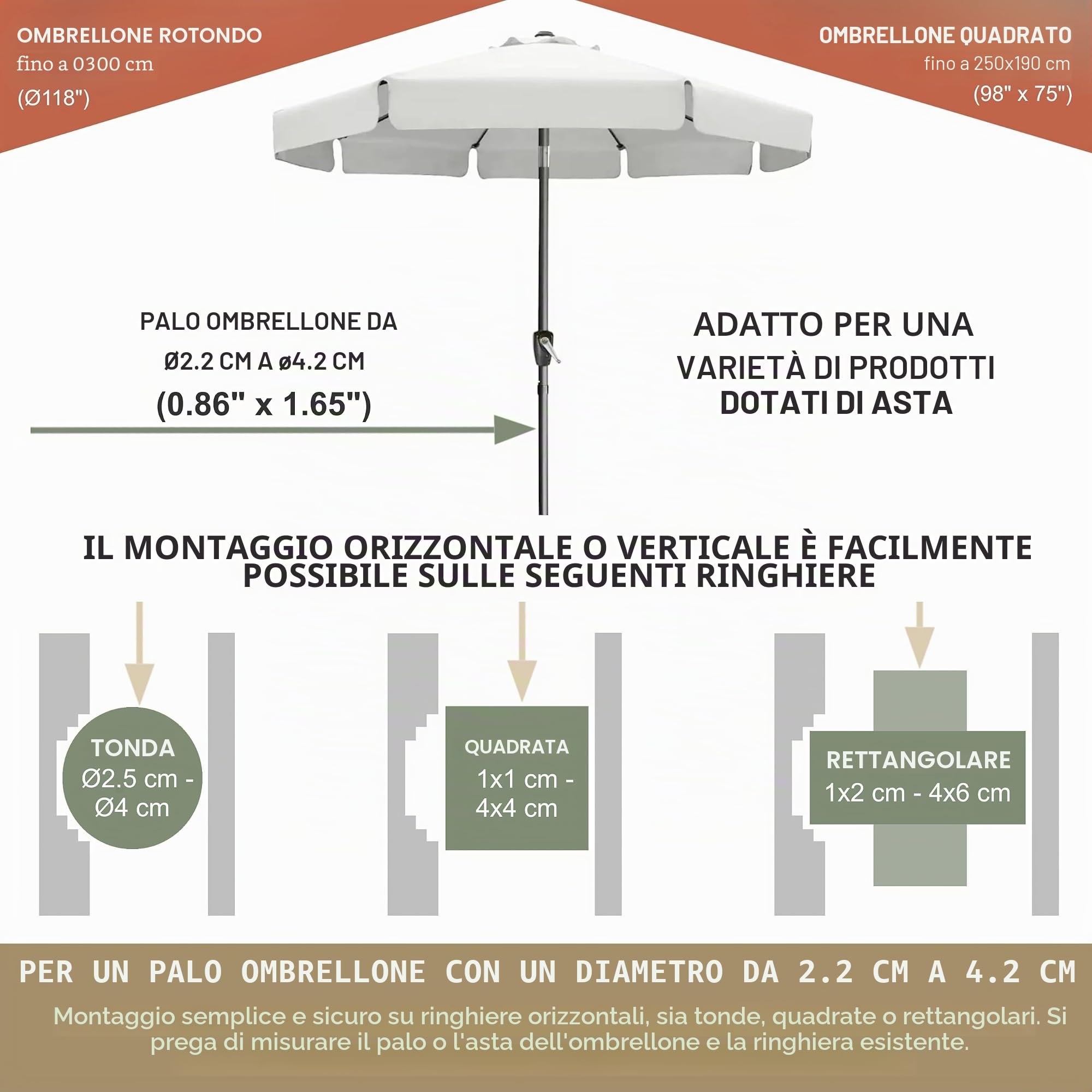 Supporto per ombrellone in acciaio inox per ringhiere di balconi rotondi e quadrati Supporto per ombrellone Supporto per ombrellone da balcone Staffa stabile per il fissaggio sicuro alla ringhiera