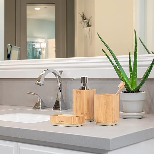 Miniatura 3 de Juego de accesorios de baño de bambú, accesorios de baño de madera de bambú, incluye dispensador de jabón de bambú, vaso, jabonera, con base de