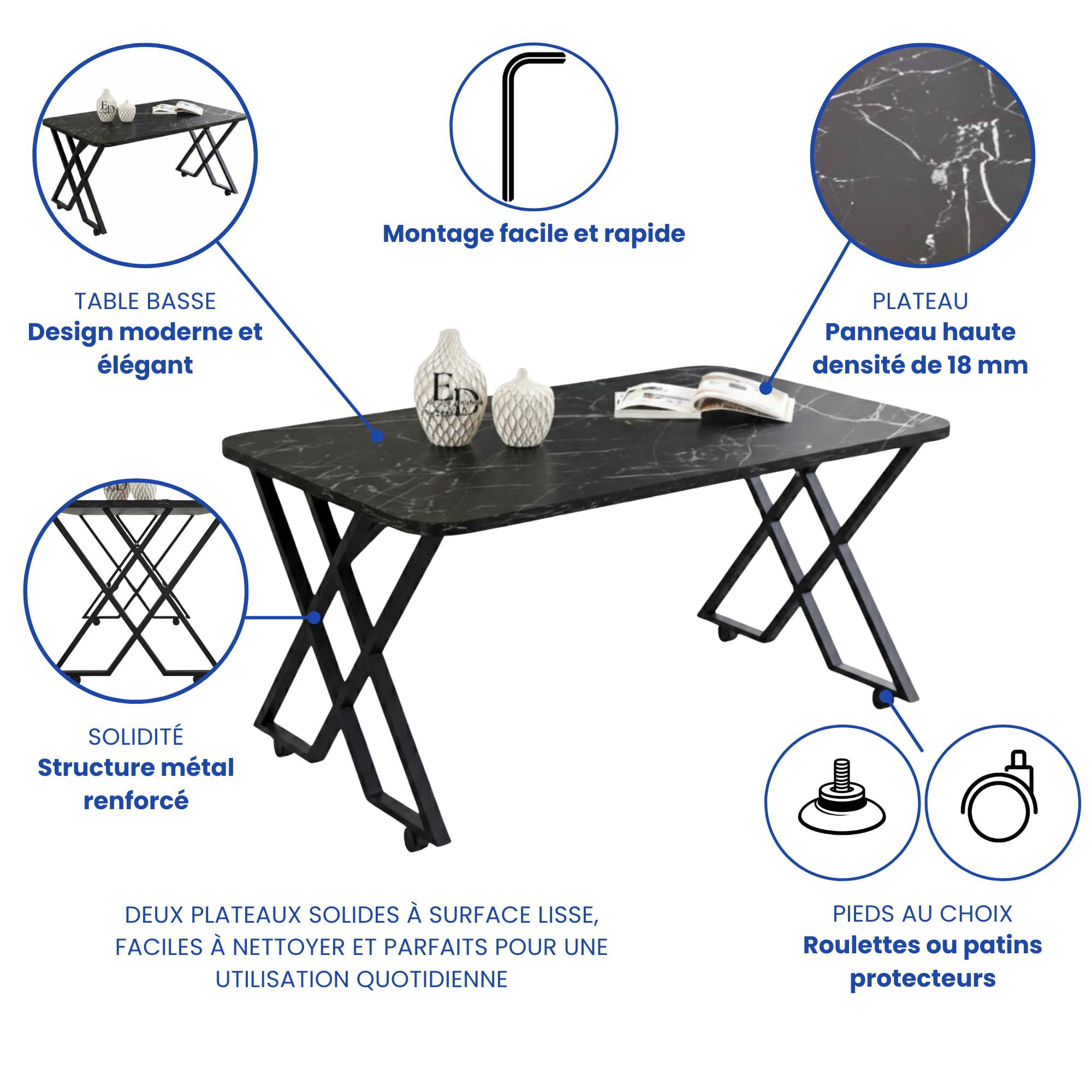 EMIDECO Table Basse rectangulaire marbre Noir métal Noir Pieds croisés – Table Salon Moderne avec roulettes ou Patins – Table Basse Design contemporaine – Meuble Salon élégant Robuste