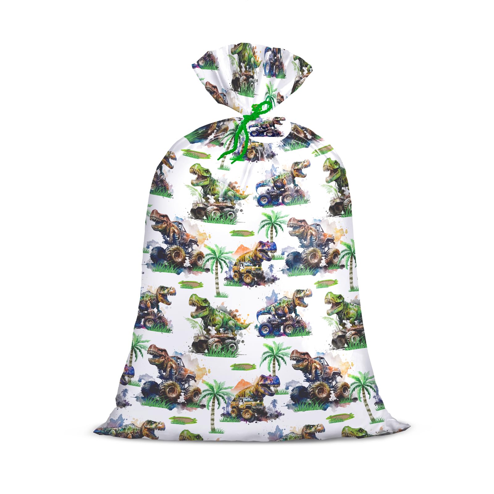 Loveinside Jumbo Large Plastic Gift Bag, Dinosaur with Tropical Monster Truck Design Design Plastic Bag with Tag and Tie for Boys' Birthday Party Gifts and Celebration - 56" x 36", 1 Pcs