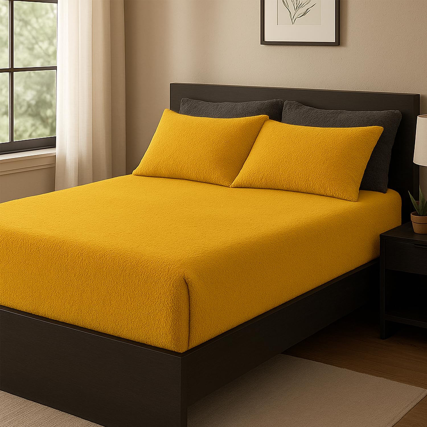 Brillars Teddy Fleece Fitted Sheet Extra Deep Bedding Thermal Winter Warm Soft Luxury Fluffy Cuddly Cosy Bed Sheets Easy Care Washable (Ochre, Double)