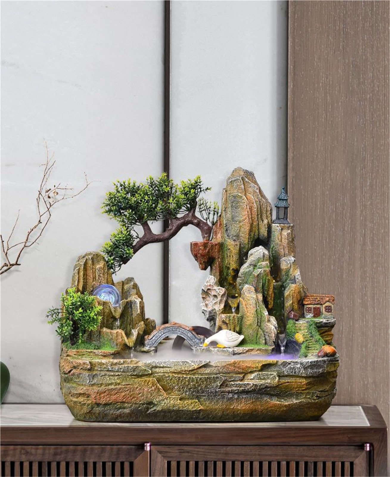Fuente Decorativa de jardín, Fuente de Agua con Cascada, de Resina, con iluminación LED, Efecto de Niebla, Rueda de Agua, Feng Shui Zen, decoración para salón, Dormitorio, Oficina