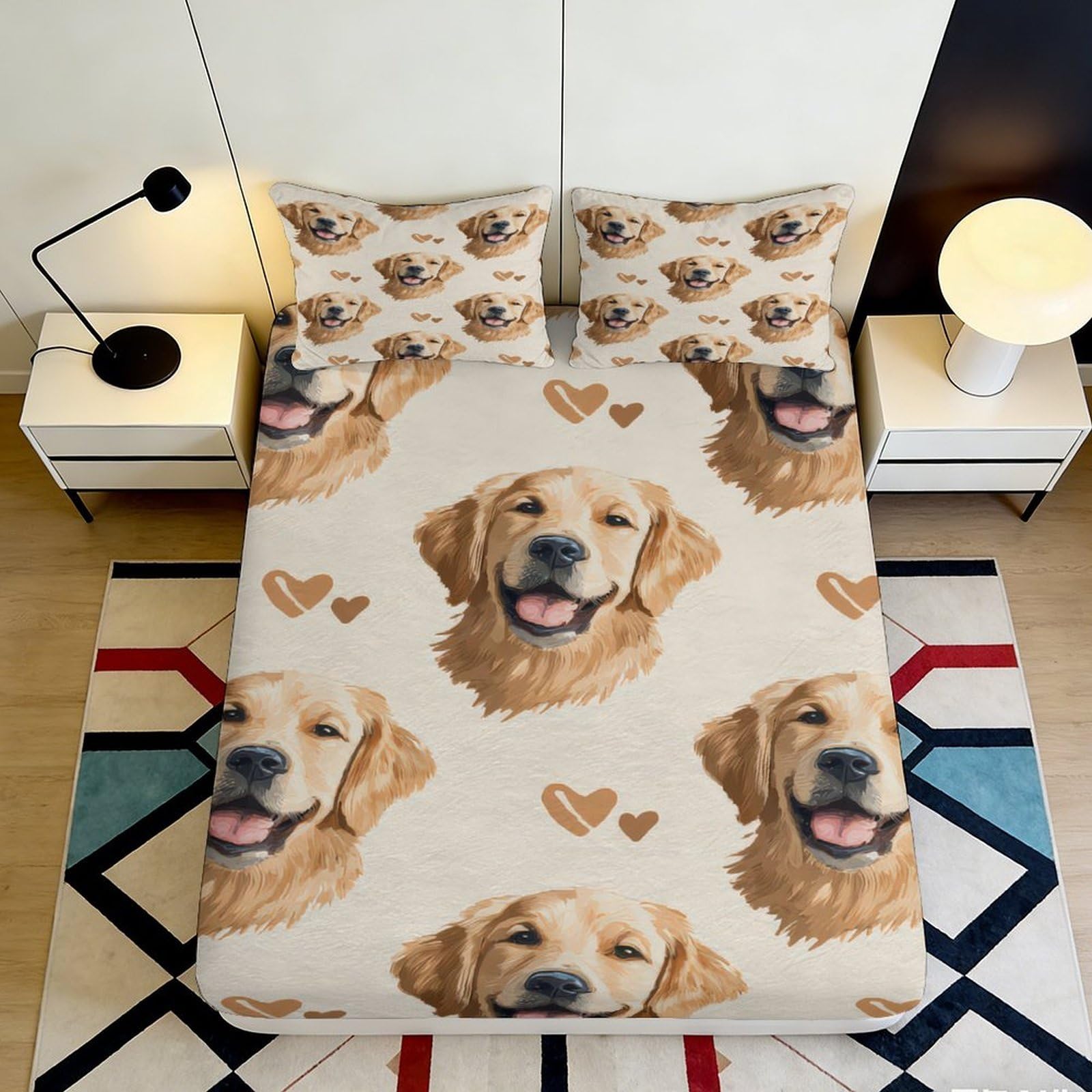 Uynsixtme Style-2 3D Printed Golden Retriever Fitted Sheet Microfiber Deep Pocket Bedroom Bedding Golden Retriever Mattress Fitted Cover Non-Slip Washable Home 200X200x25cm