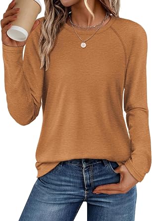 ATHMILE Long Sleeve Shirts for Women Fall Outfit 2026 Fashion Casual T Shirt Round Neck Basic Loose Tunic Tops