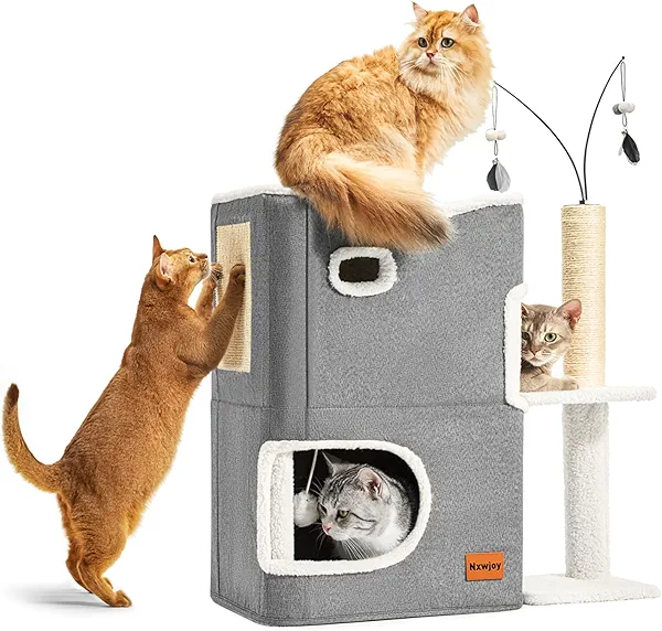 Nxwjoy Cat Bed Cave for Indoor Cats with Scratch Pad Cat House Condo Adults with Fluffy Ball Cats Hideaway Large 2-Storey Cube Beds for Pets Grey