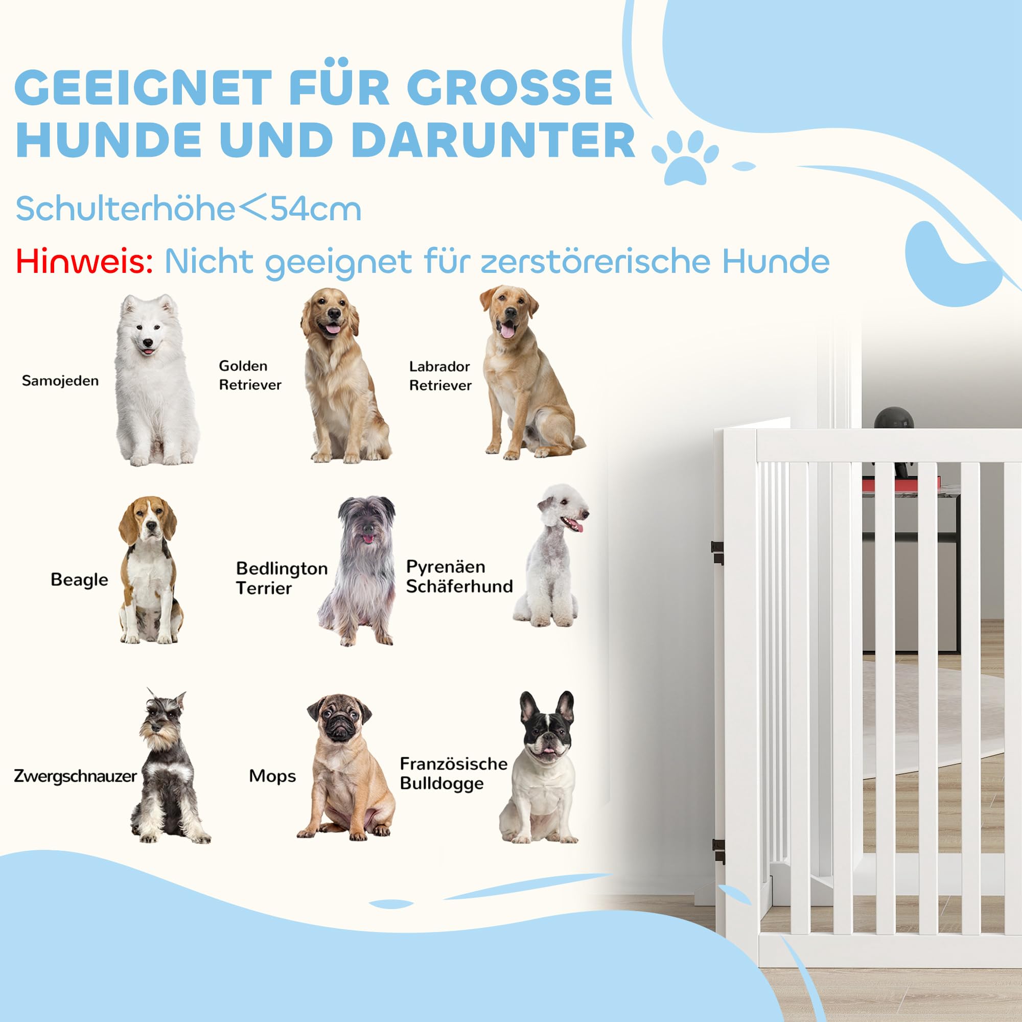 PawHut Freistehendes Treppengitter mit Füßen Holz 240 x 81 cm Weiß | Absperrgitter Hund, Hundegitter Schutzgitter, Treppenschutzgitter für Treppen Türen, Türschutzgitter Küche Flur, 4 Paneelen
