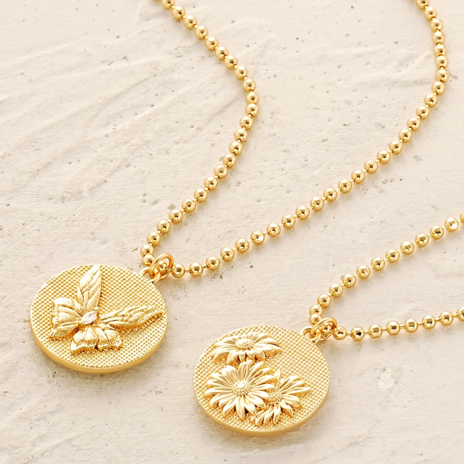 MYEARS Women Birth Flower Necklace Gold Butterfly Coin Disc Pendant Cubic Zirconia 14K Simple Dainty Beaded Chain Everyday Trendy Jewelry - 12 Months - Image 4