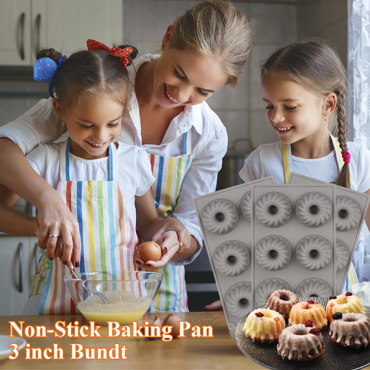 Lot de 3 Mini Moules à Savarin, 6 Cavités Moule Kouglof en Silicone Réutilisables pour la Cuisson Gâteaux, Desserts, Chocolat, Gelée
