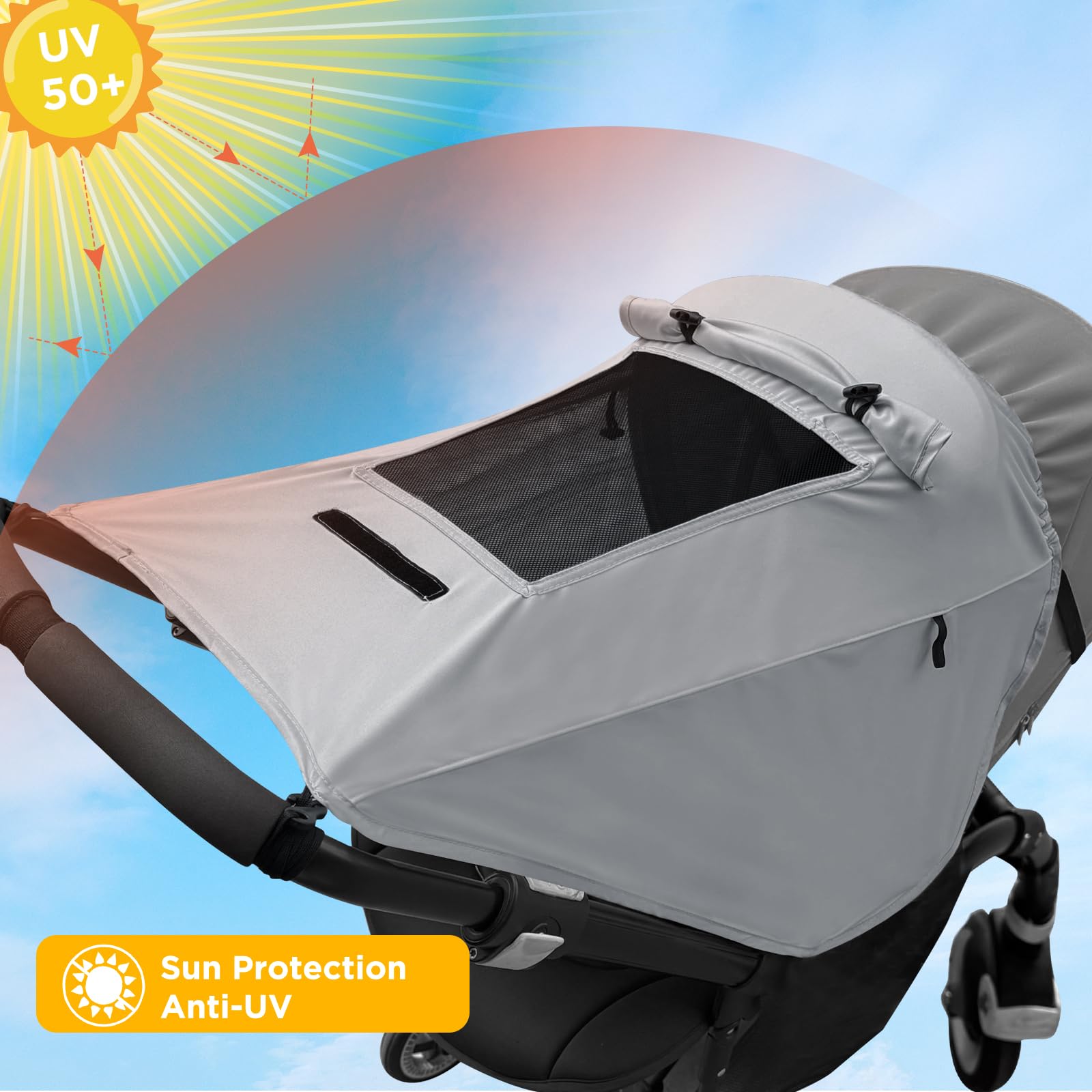 WD&CD Pram Sunshade Sun Covers with Viewing Window for Strollers Pushchairs Parasols UV Protection Easy to Install, Grey - Image 4