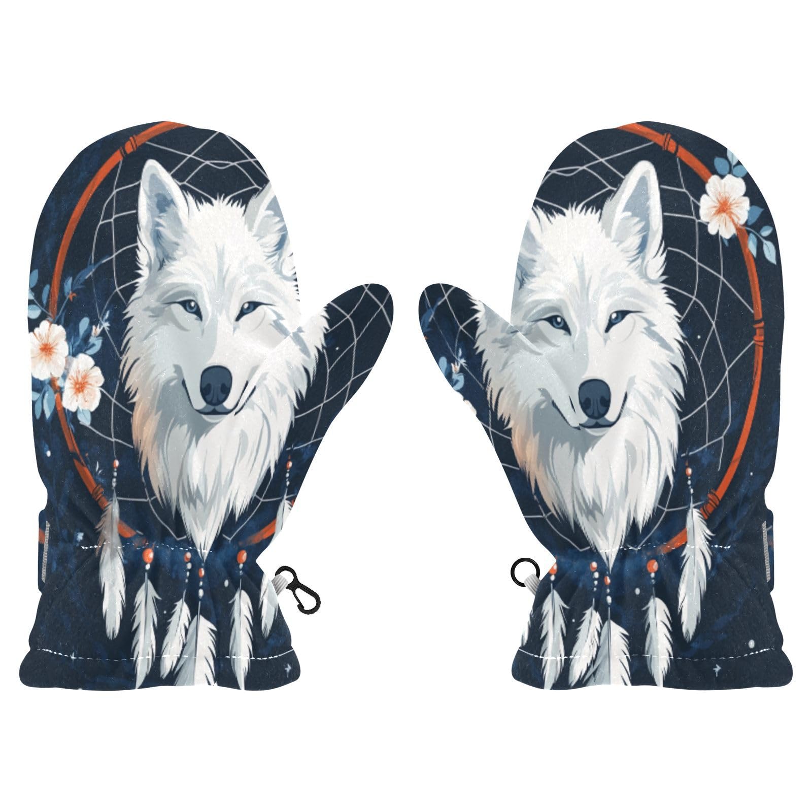 Kid's Winter Gloves Children Warm Gloves White Feather Dreamcatcher Wolf for Boys Girl Age 2-4 Years