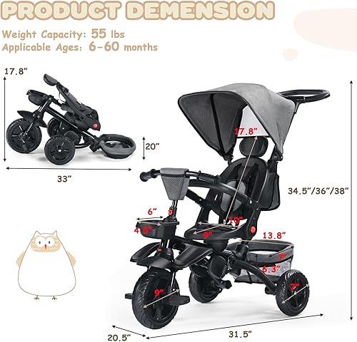 Miniatura 9 de TODUFULL Triciclo plegable para niños, triciclo 8 en 1 con toldo extraíble y varilla de empuje parental, cochecito de bicicleta para niños de 1 a 5