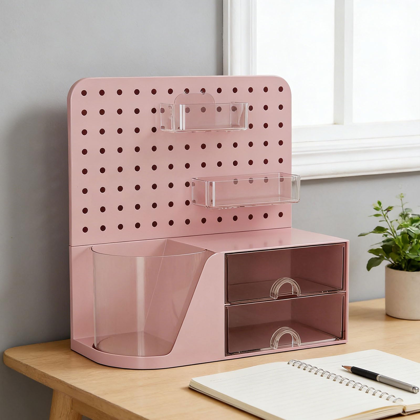 Organizador de escritorio multifuncional, tablero perforado con caja giratoria para bolígrafos y 2 cajones para organización de oficinas en hogar, planificador giratorio