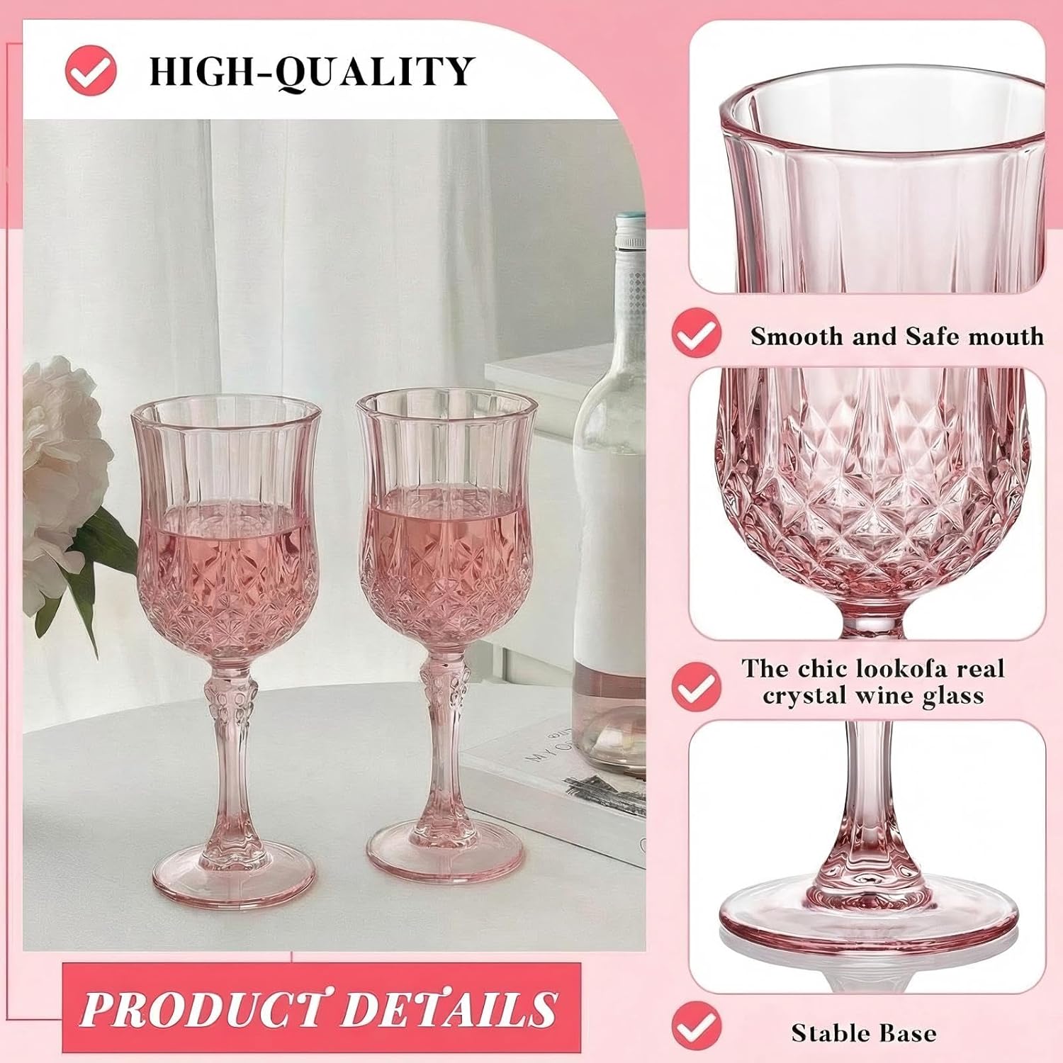 Pinkunn 12 Pcs 7 oz Plastic Vintage Wine Glasses Reusable Colored Goblets Patterned Drinking Water Glasses Cup Dishwasher Safe for Mother's Day Wedding Reception Party Supplies (Pink)