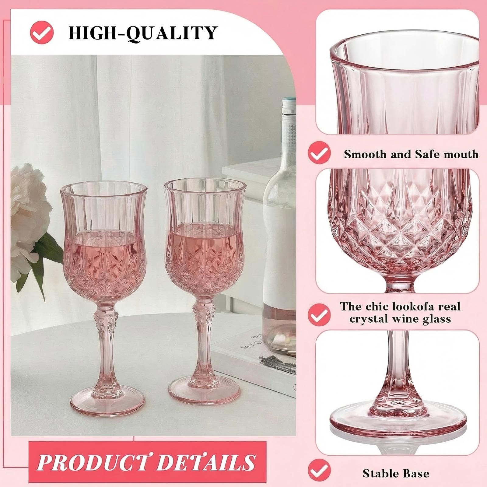 Pinkunn Weingläser aus Kunststoff, wiederverwendbar, bunt, gemustert, Trinkwassergläser, spülmaschinenfest, für Muttertag, Hochzeit, Empfang, Partyzubehör, 24 Stück (Rosa)