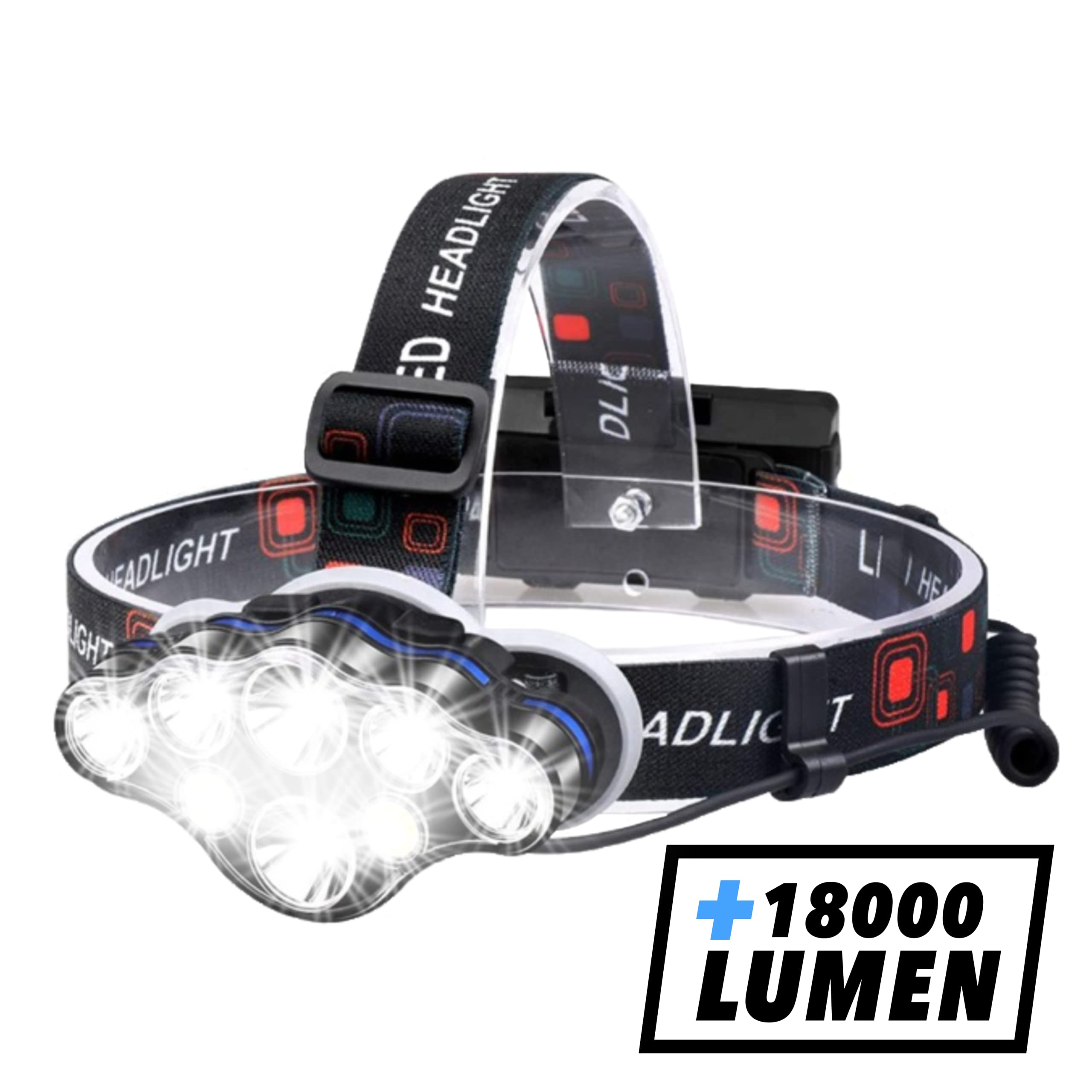 WildTech Head Torch Headlight, 18000 Lumen Super Bright 8 LED Head Lamp, 500 Meter Range Rechargeable Waterproof