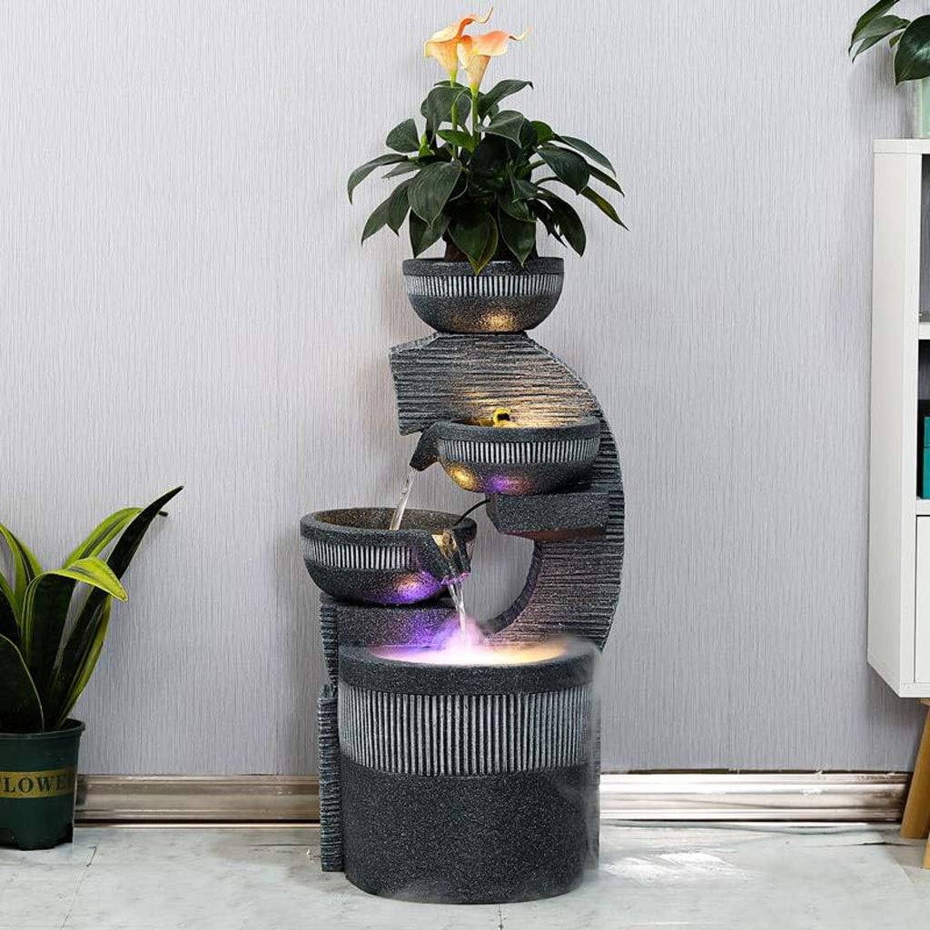 Indoor Tabletop Water Fountain Rustic Gray Rock Bowl Fountain LED Lights and Water Mist Fountain for Indoor Outdoor Garden Decoration Environmental Resin Waterfall