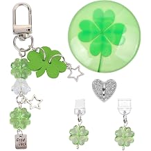 5PCS Clover Charm Set for E-Reader, Dust Plug Charm Kit Includes Bling Heart Base, Type-C & Lightning Green Clover Dustplug, Keychain, Grip Holder, Cute E-Reader Accessories for Adults