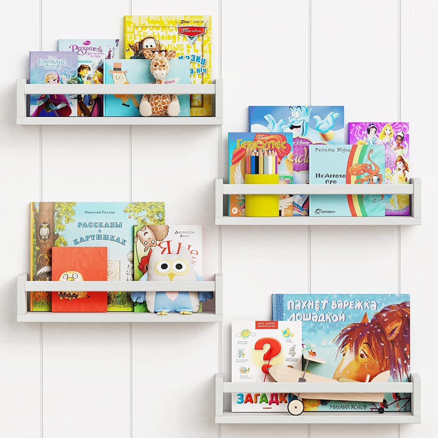 WooDinzo Engineered Wood Floating Bookshelf 24 Inches Set of 3, Wall Mounted Nursery Book Shelves, Kids Room, Kitchen Spice Rack, Book Shelf (White, Floating - Set of 4 - White - 18 Inch)