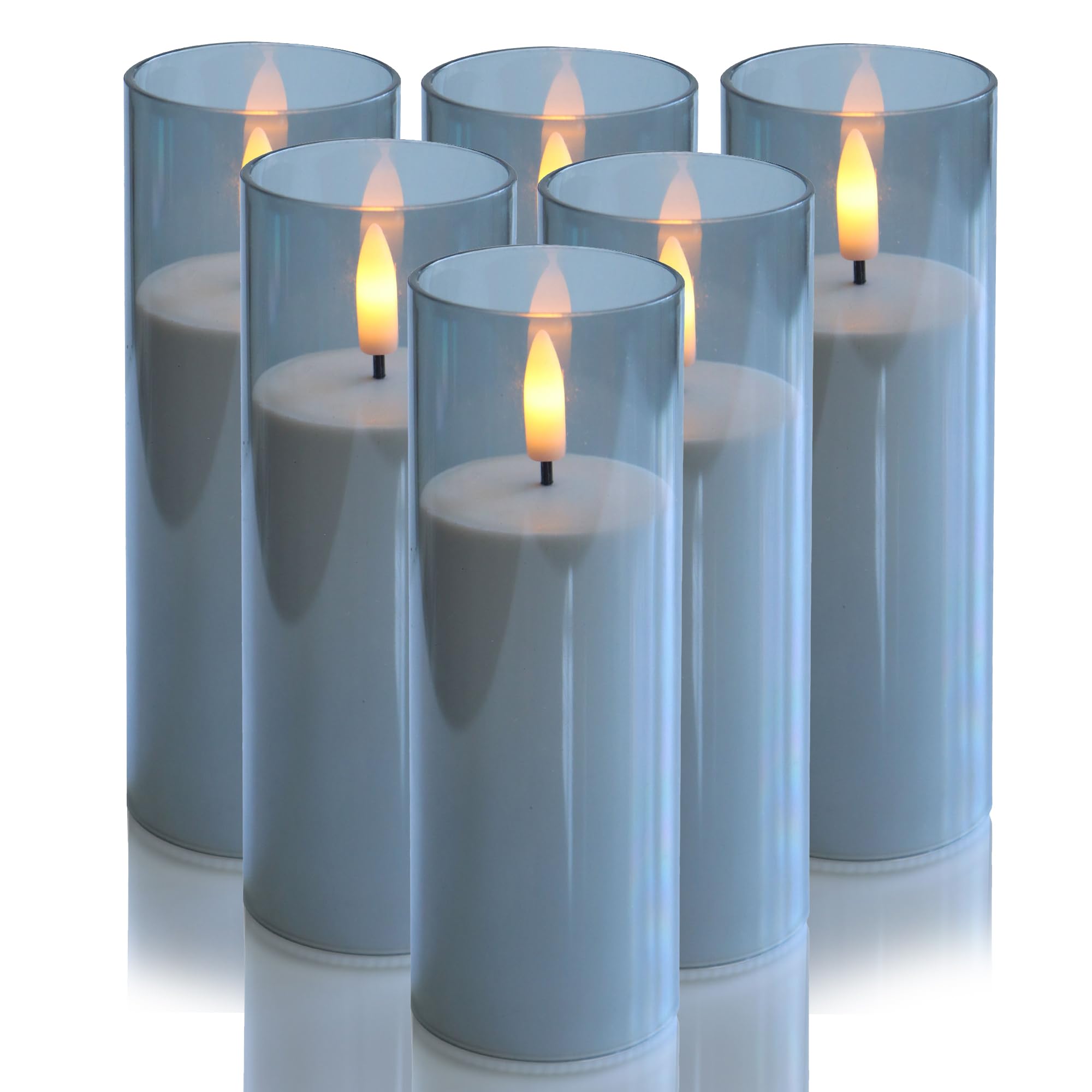 Indoor Outdoor Flameless Candles with Timer Waterproof Realistic Flickering Battery Operated Pillar LED Lights with Acrylic Shell Wedding Party Christmas Decorations 6 Pack 2”x6” Grey
