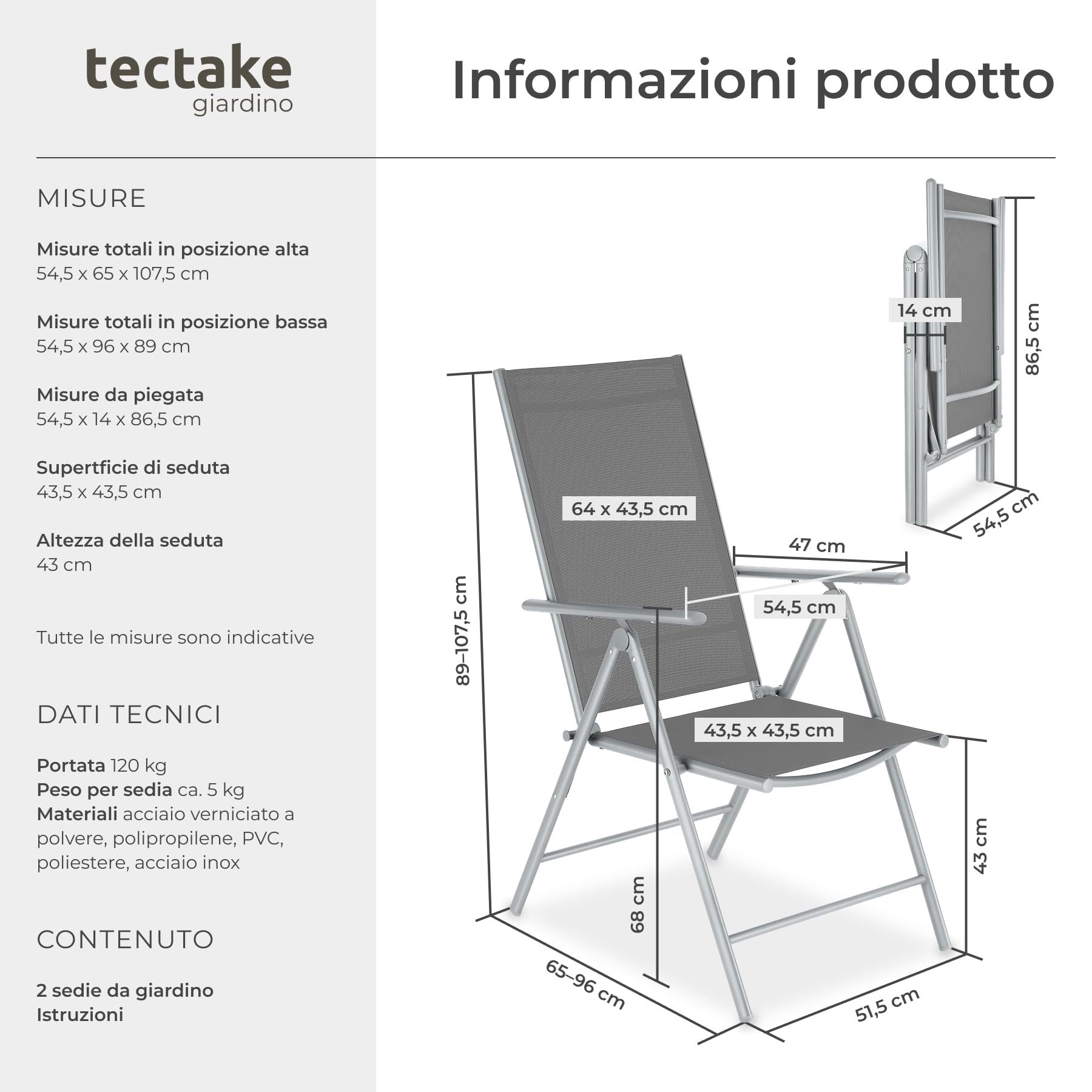 Set da 2 Sedie da Giardino in Alluminio Pieghevoli Schienale Regolabile 7 Posizioni 67x56x105cm Carico Max 110kg Grigio Argento