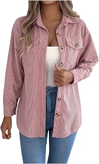 Women's Corduroy Jackets Long Sleeve Lapel Neck Coats Solid Color Button Down Outwear Tops Clothes with Pockets