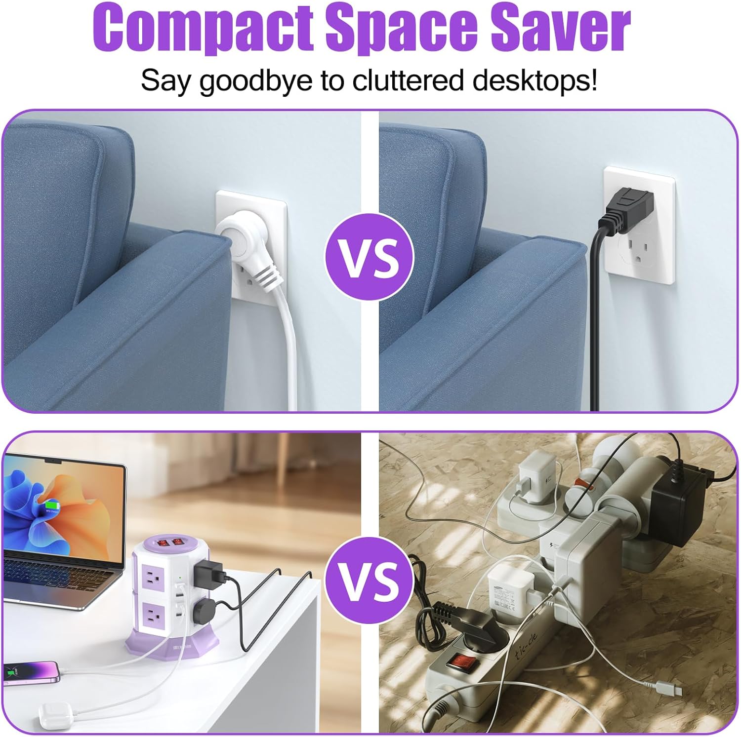 Purple Tower Power Strip with Surge Protection | HITRENDS 8 AC Outlets + 4 USB Ports | 16AWG/15Ft Extension Cord with Multiple Outlets | Space-Saving Design for Office & Home(1625W, 1050J)