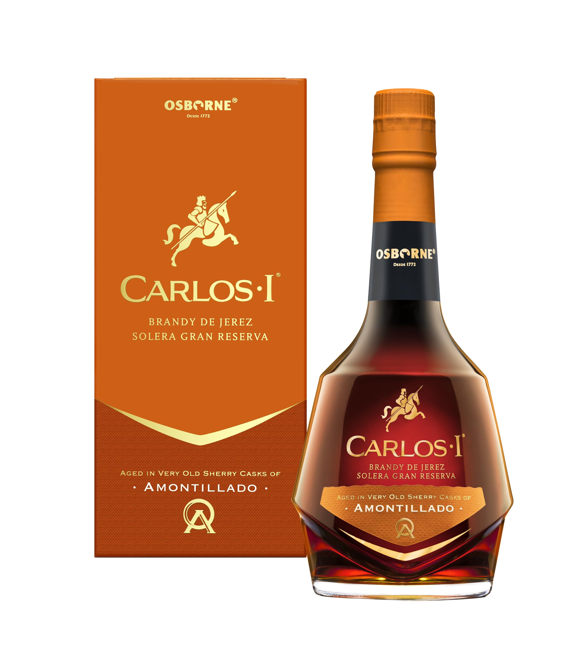 CARLOS I Brandy Amontillado aus Jerez Solera Gran Reserva. Hergestellt aus Trauben und gereift in 100-jährigen Solera-Fässern von La Honda Amontillado. Alkoholgehalt: 40,3 %. Flasche: 70 cl.