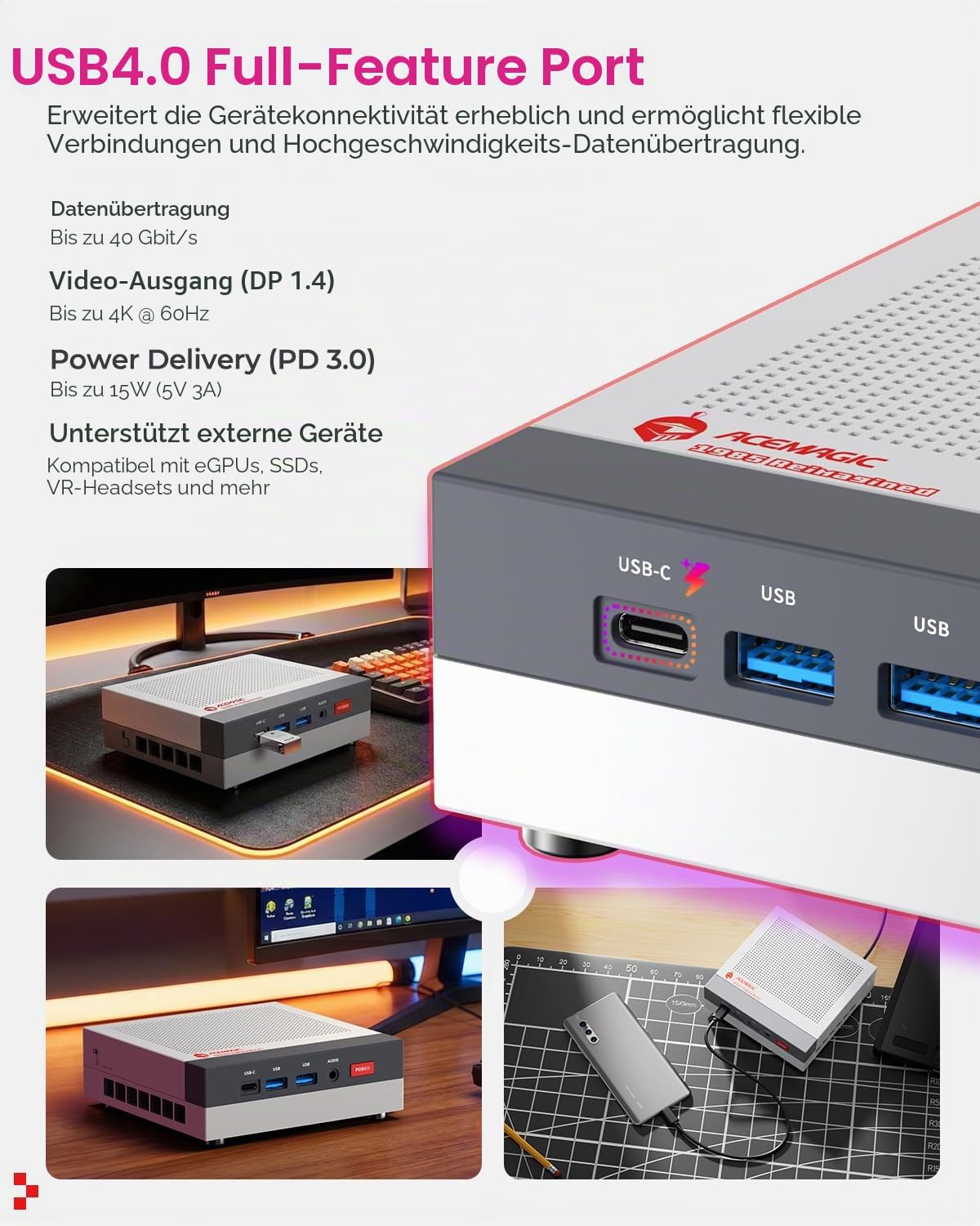 ACEMAGIC Retro X3 Gaming Mini PC, AMD Ryzen 7 H 255 16GB LPDDR5 RAM 1TB SSD | Bis zu 4,9 GHz, Radeon 780M Grafik, USB4, 2.5G LAN, WiFi 6E, BT 5.2, Triple 4K Display, Mini Desktop PC für Gaming & Creator