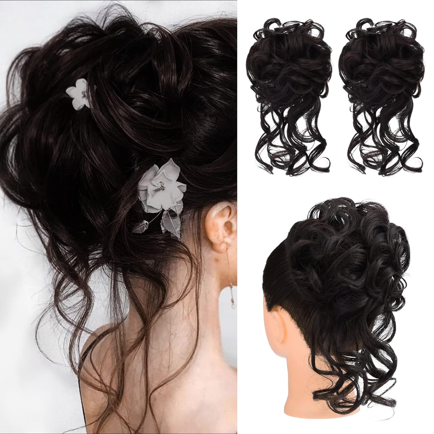 HOOJIH Messy Bun Hair Piece, 2PCS Tousled Updo with Tendrils Hair Bun Extensions Wavy Curly Hair Wrap Ponytail Hairpieces Thick Hair Scrunchies for Women HB010 Dasiy - Black Brown 2 Pack Black Brown