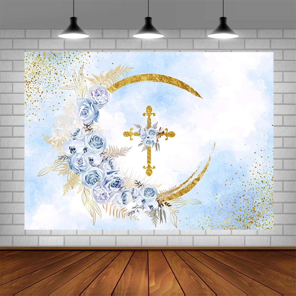 Stendardo Per Prima Comunione Ragazzo - Blu Con Croce E Colomba, 200x114 Cm, In Tessuto Poliestere, Decorazioni Per Battesimo E Festa
