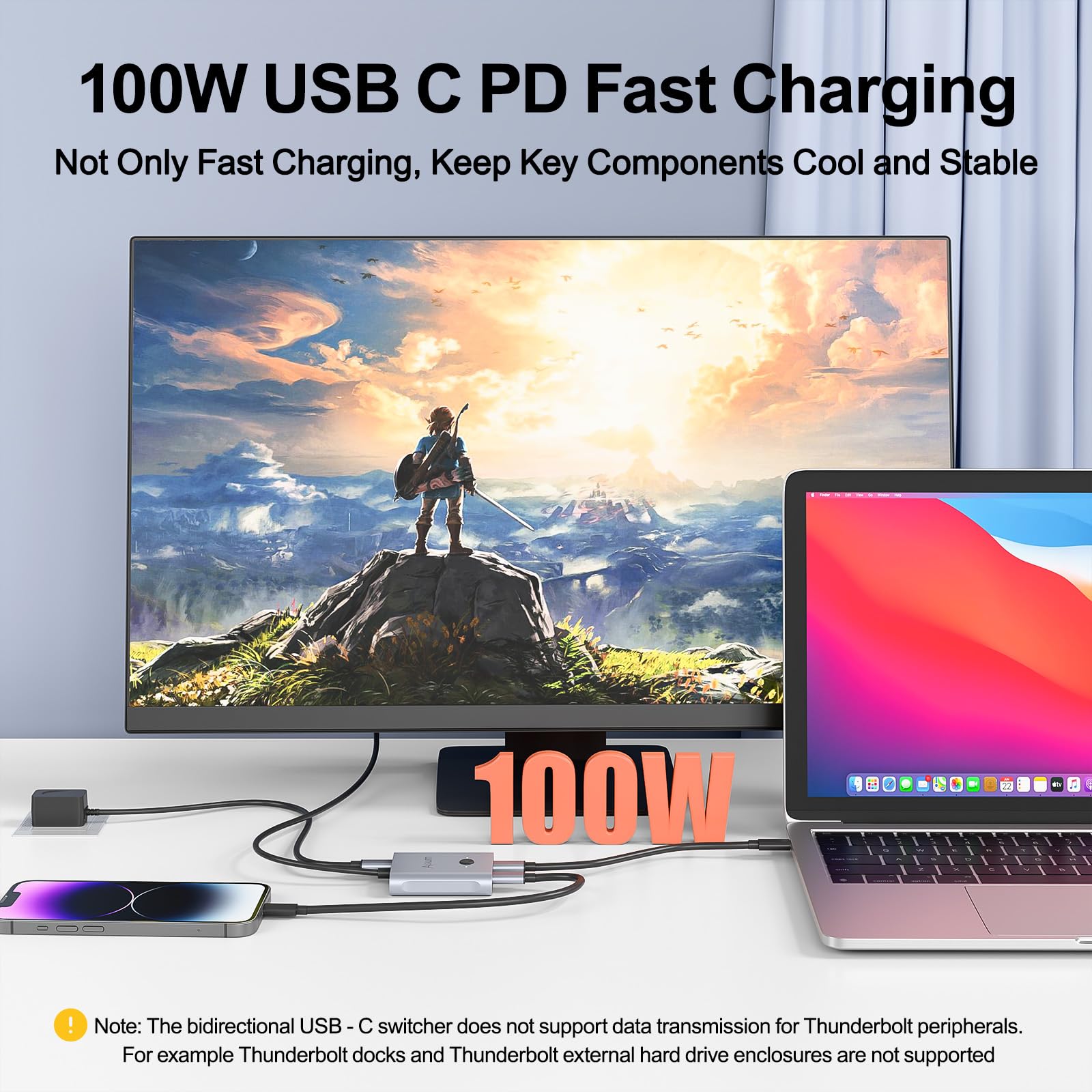 Alxum Bi-Directional USB C Switch - 2 in 1 Out/1 in 2 Out 2 Computers Share 1 Monitor,KVM Switches Support 8K@60Hz Video 10Gbps Data Transfer, USB-C Cables Included