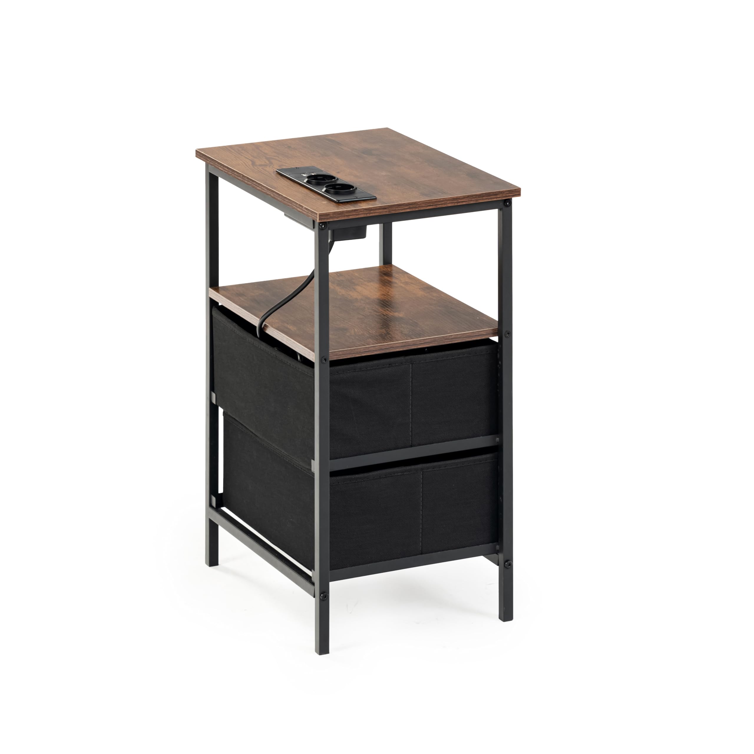 FurnitureR 2PCS Guéridons de Salon, Table D'appoint avec Multi-Coloured LED, 2 AC Sockets, 2 USB Ports of Drawers, 2 Tiroirs en Tissu, Style Industriel Rétro Marron, 40 x 30 x 60cm