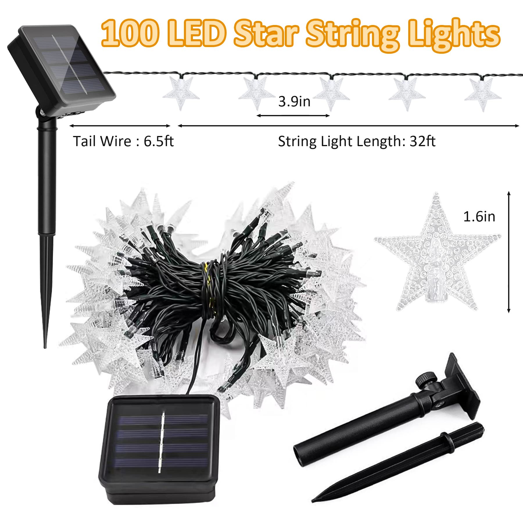 Twinkle - Guirnalda de luces solares impermeables para exteriores, 39 pies, 100 LED con 8 modos de iluminación para Navidad, Halloween, boda, fiesta, árbol, jardín (blanco cálido)