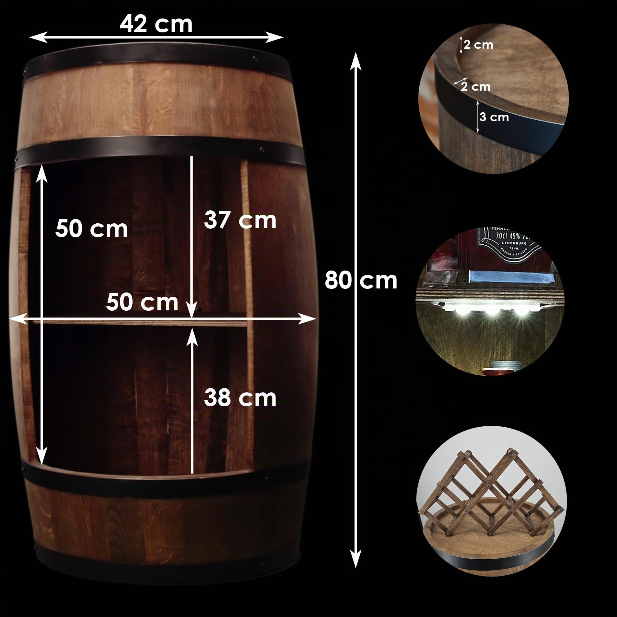 CREATIVE COOPER Fassbar LED avec Porte-Vin - Casier en Bois - Bar de Maison 80 cm - Décoration Rustique - Armoire à Vin - Baril de Bar à Whisky - Tonneau de Bière (Wengé)