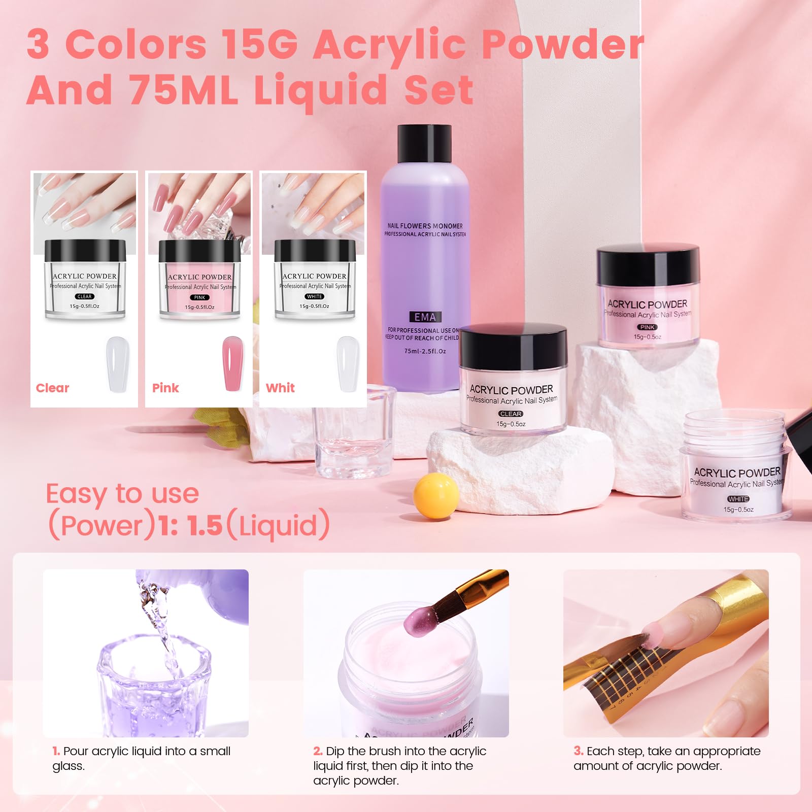 Deciniee Akrylowy zestaw do paznokci: zestaw do ćwiczeń ręcznych, akrylowy proszek z lampą UV i elektryczną płytką do paznokci, tipsy do manicure, kompletny zestaw narzędzi w srebrnej torebce