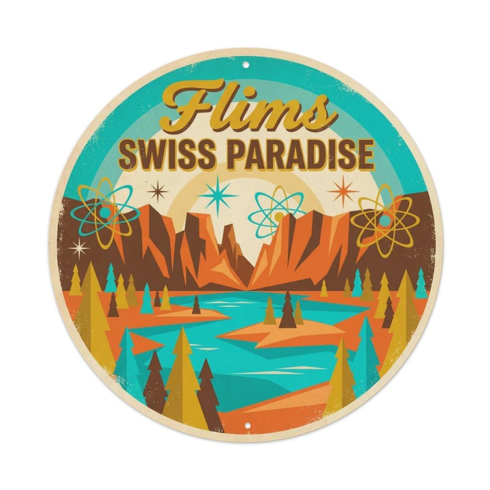 Flims Switzerland Lake Paradise Vintage Alpine Resort Metal Tin Sign Plaque Wall Decor for Cafe, Man Cave, Club Bar, Office, Home Garden Round Metal Poster 8x8Inch