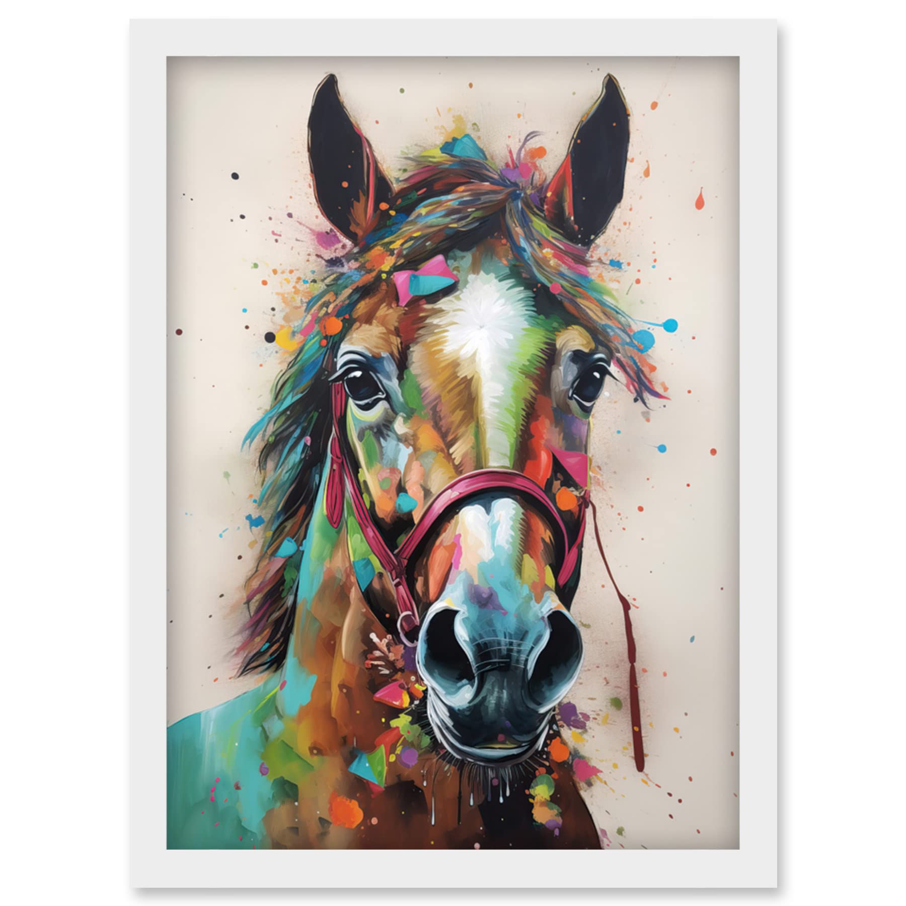 Artery8 Horse Multicoloured Spray Paint and Oil Painting Artwork Framed Wall Art Print A4