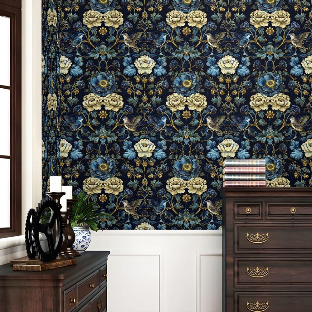 REDAMANCY Vintage Blue Beige Damask Flower Bird Peel and Stick Wallpaper Vintage Wall Paper Stick on Contact Paper Easy Peel Off for Bedroom nightstand Drawer Renter Friendly 17.7"x236"