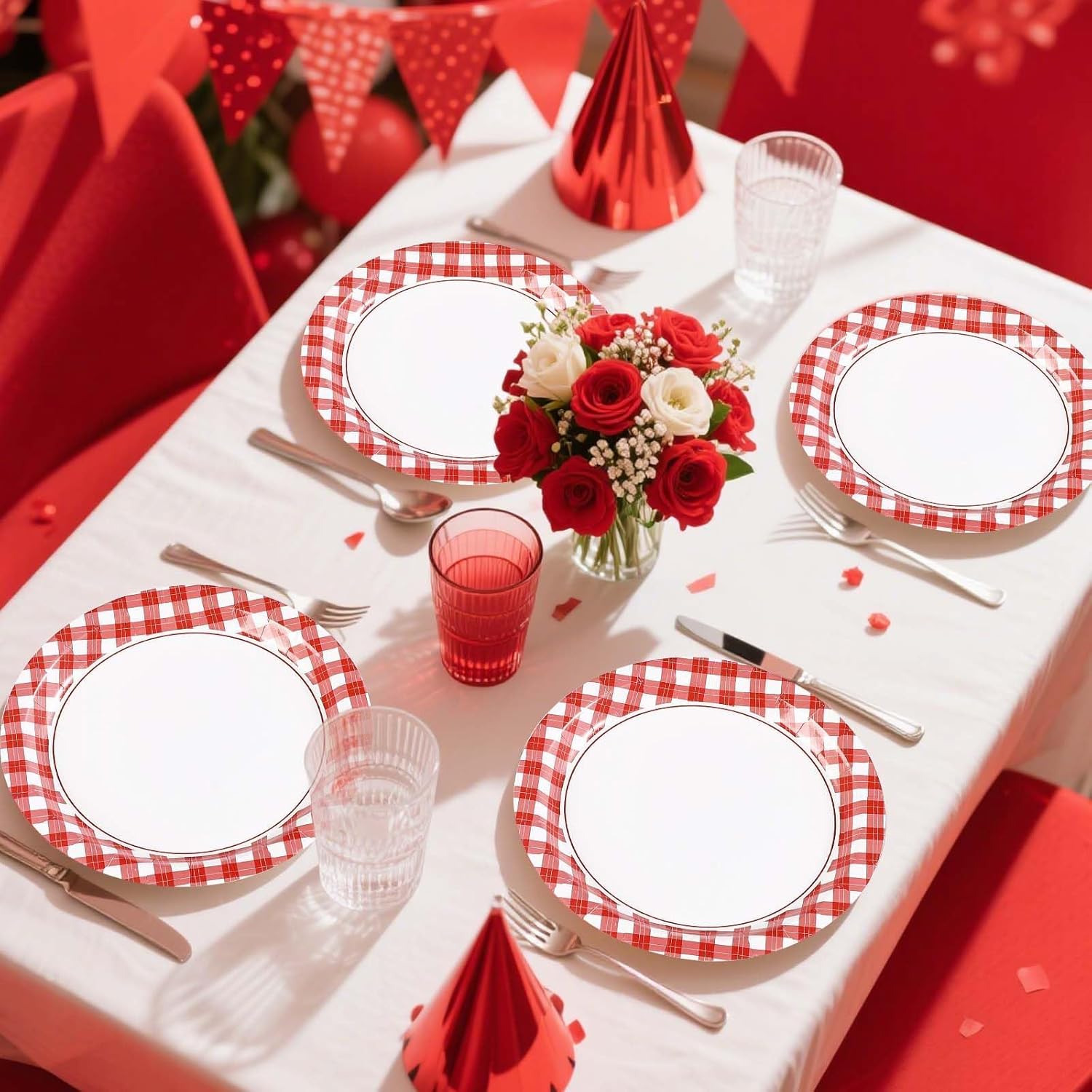50Pcs Red and White Gingham Paper Plates 9" Red Gingham Checkered Plaid Dessert Plates Disposable Valentine's Day Party Supplies for Valentine's Day Picnic BBQ Baby Shower Birthday Party Decorations - Image 7