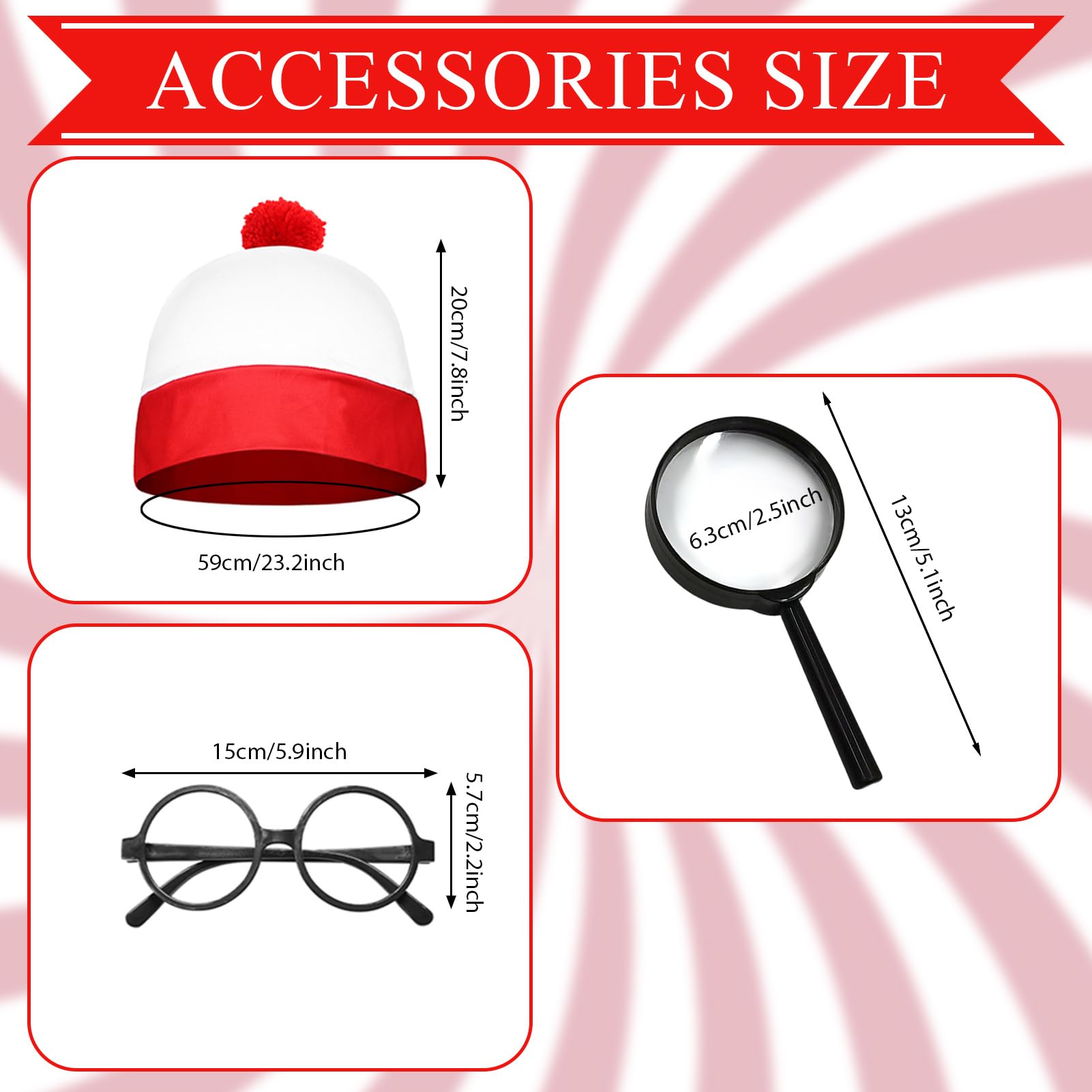 Meriviva Adult World Book Day Costumes, Red and White Striped Top Set including Hat Glasses Magnifying Glass - Image 3