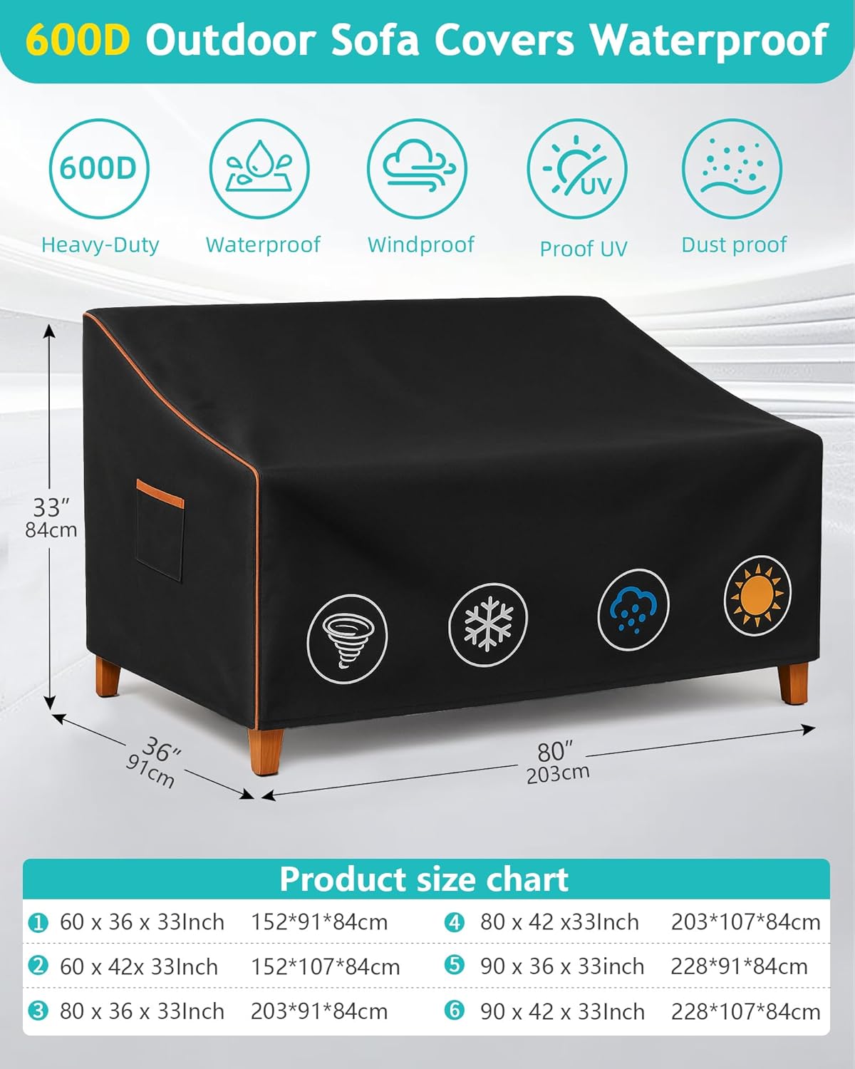 Outdoor Sofa Cover, Waterproof Patio Furniture Cover 80W x 36D x 33H inches Heavy Duty 600D Oxford Fabric Black