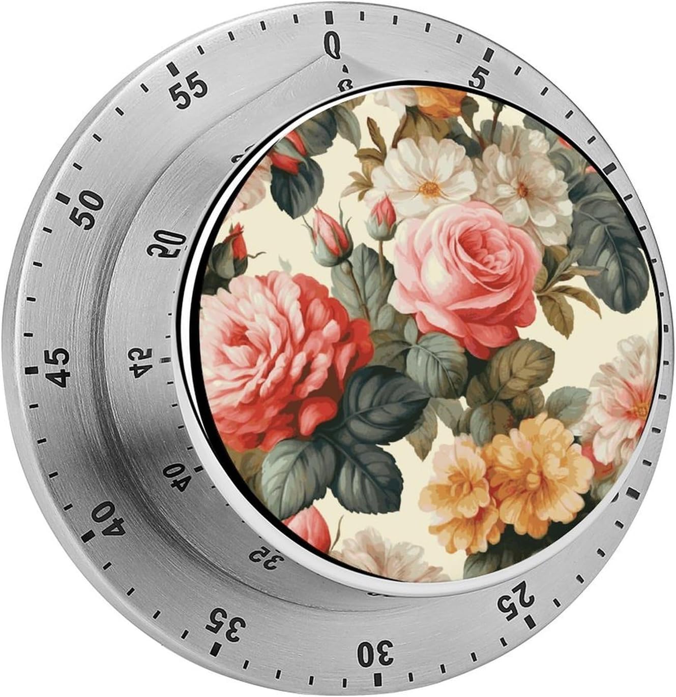 Vintage Floral Timer Magnetic Backing 100% Mechanical Desk Timers Wind Up 60 Minutes Manual Countdown Timers No Batteries Required Kitchen Timer for Cooking