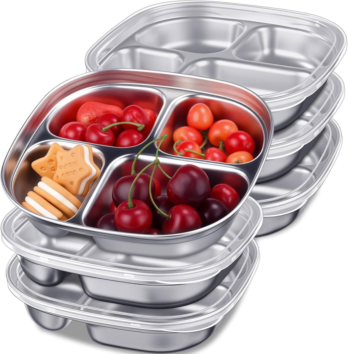 6 Pack Stainless Steel Snack Containers with Lids, Reusable 4 Compartments Bento Boxes Snack Lunch Box for Divided Food Storage Container for Home Travel(Classic)