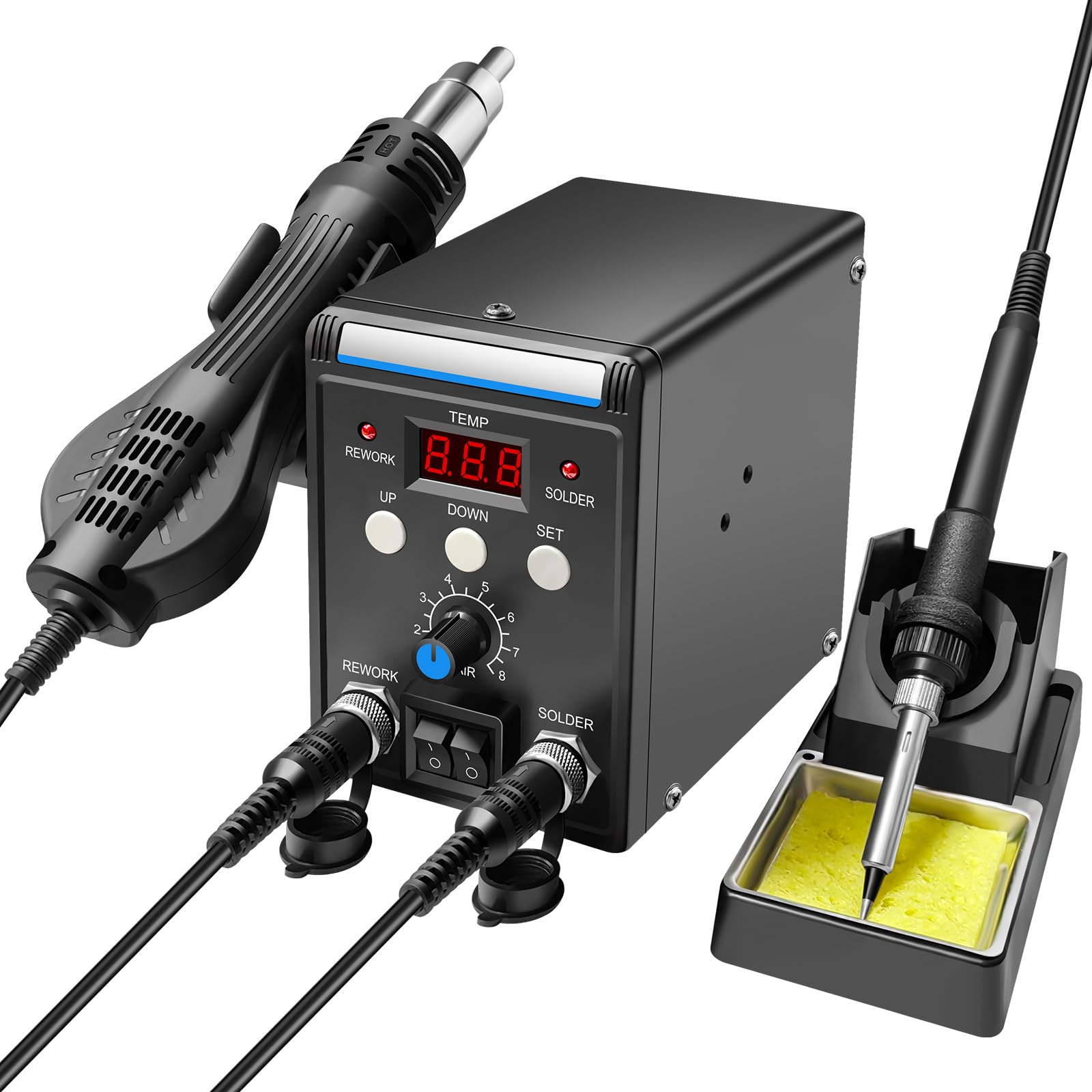 Stazione di saldatura ad aria calda 2 in 1 con display digitale da 700 W – Temperatura regolabile 100 – 500 °C per riparazione elettronica, circuiti stampati e SMD