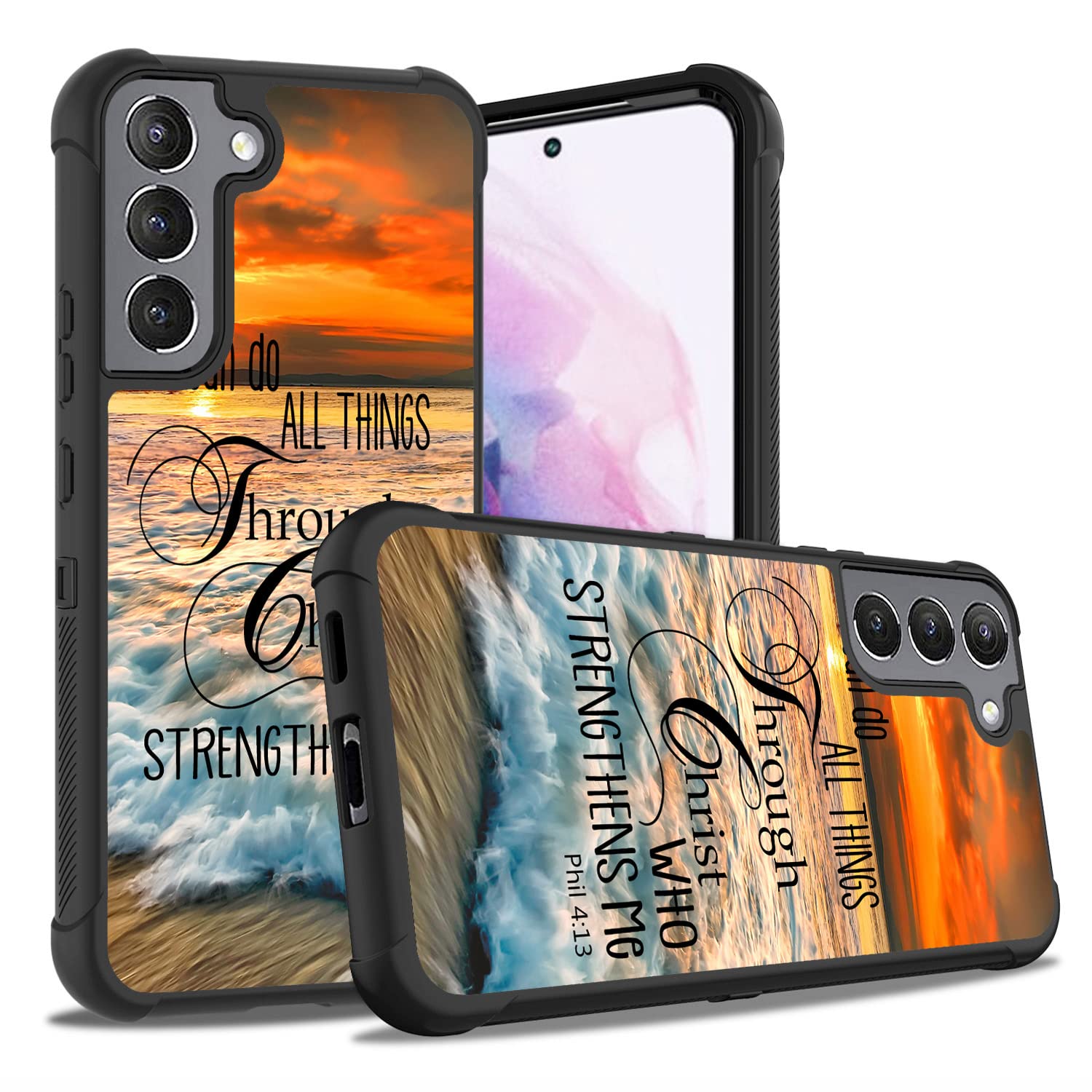 FQTBCEARI for Galaxy S22 Plus Case, Quotes Christian Bible Verse Phil 4-13 Design Shockproof Heavy Duty Hard Plastic+Soft Silicone Bumper Hybrid Protective Case for Samsung Galaxy S22+ Plus 5G