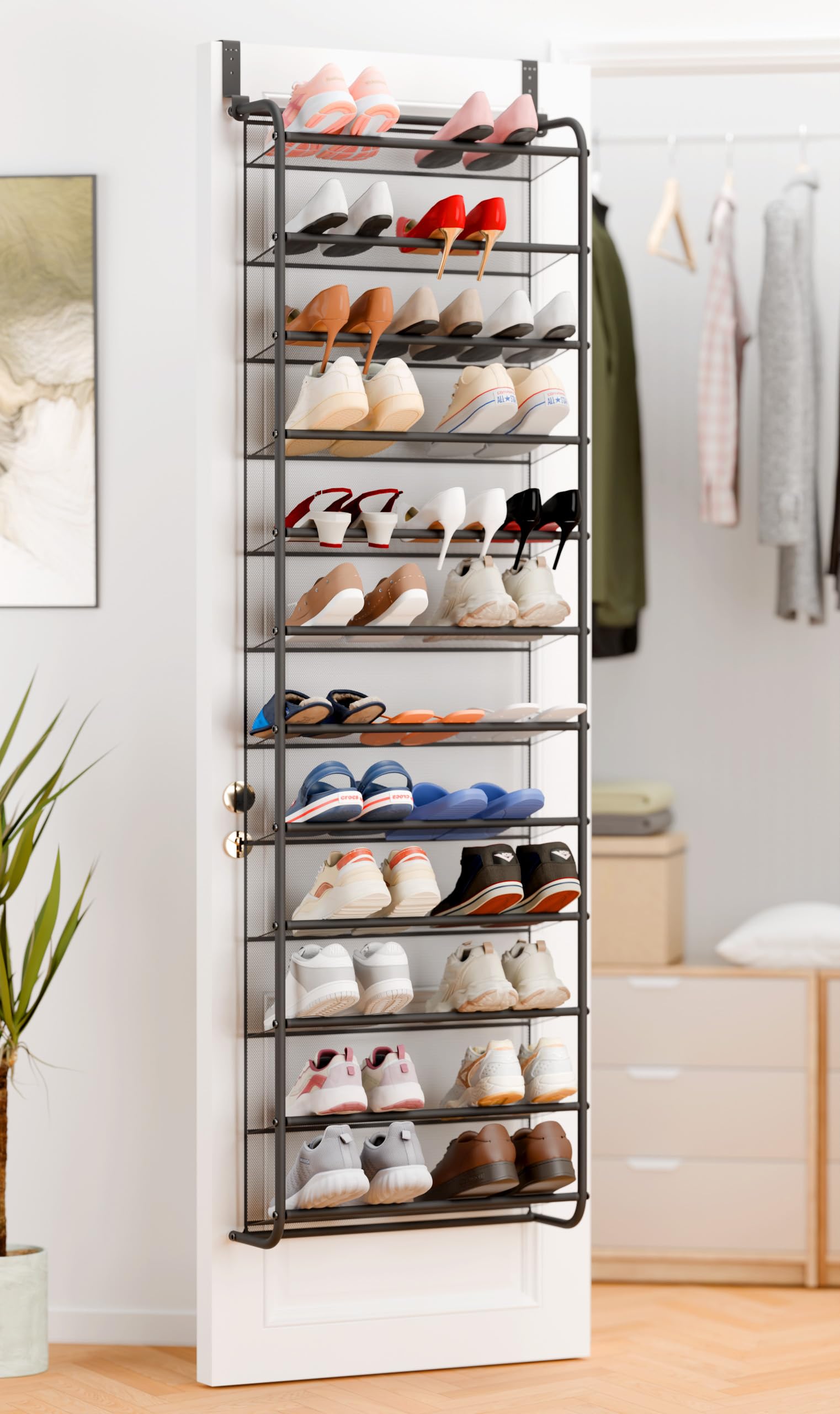 Whitmor 36 Pair Over the Door Shoe Rack,12 Tier Hanging Shoe Organizer with Metal Frame &amp; Mesh Shelves, Heavy Duty Shoe Storage Holder for Door, 74" H x 21.7" W x 7.5" D, Matt Gunmetal